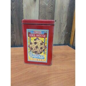 Vtg Nestle Toll House Original Recipe Cookies Metal Tin Can Red Container